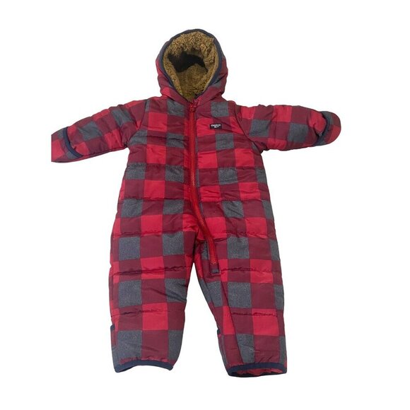 OshKosh B'gosh Gingham Baby Buffalo Plaid Winter Snowsuit 6/9M Red Hooded